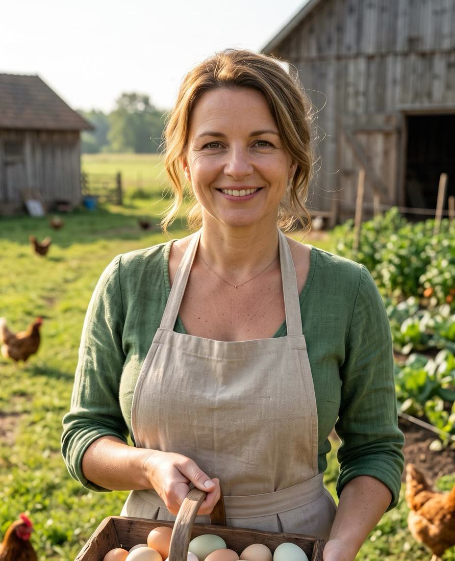 Cristina con delantal y una cesta de huevos del corral