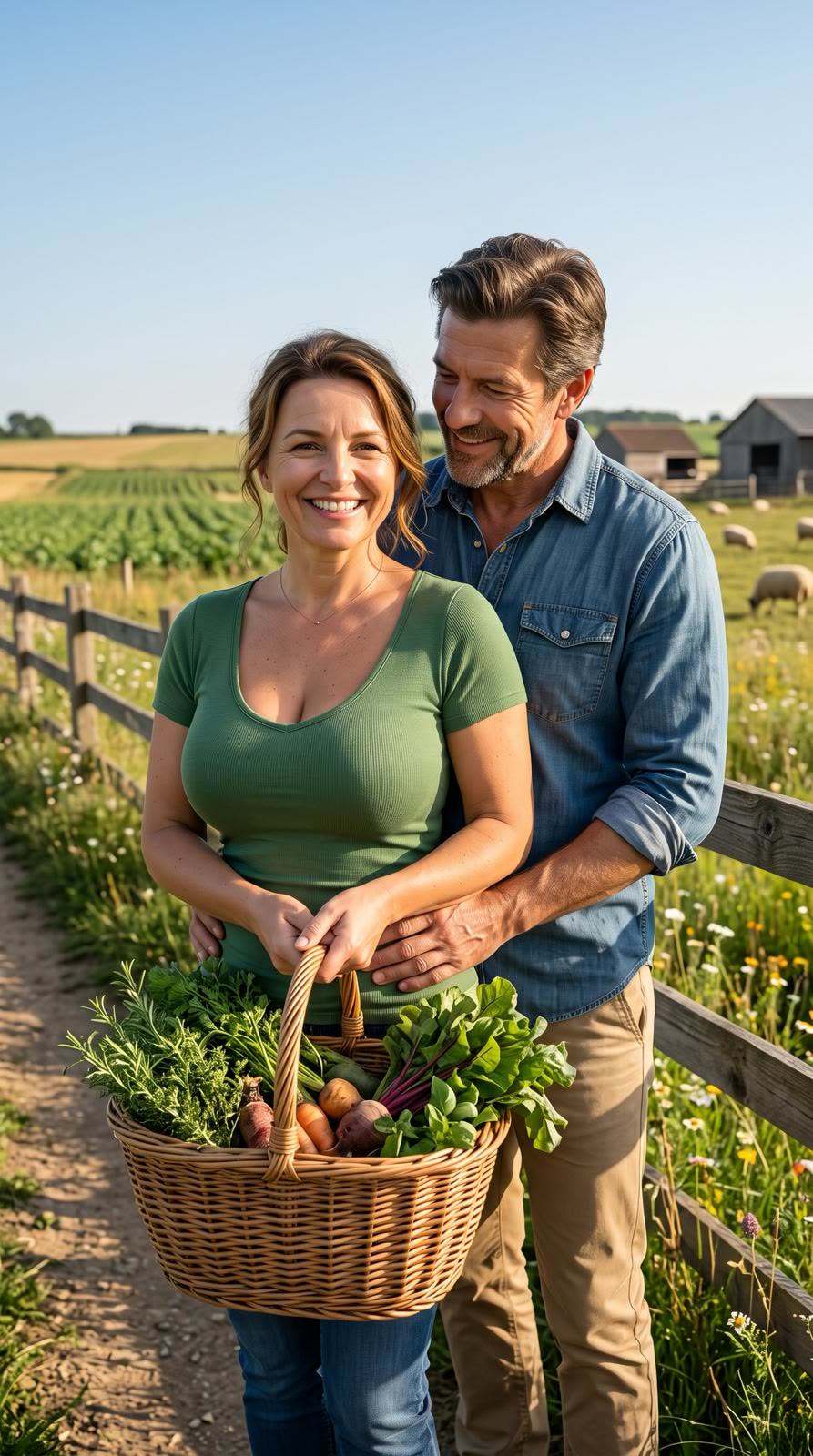 Cristina y su marido en el campo con una cesta de verduras y hierbas