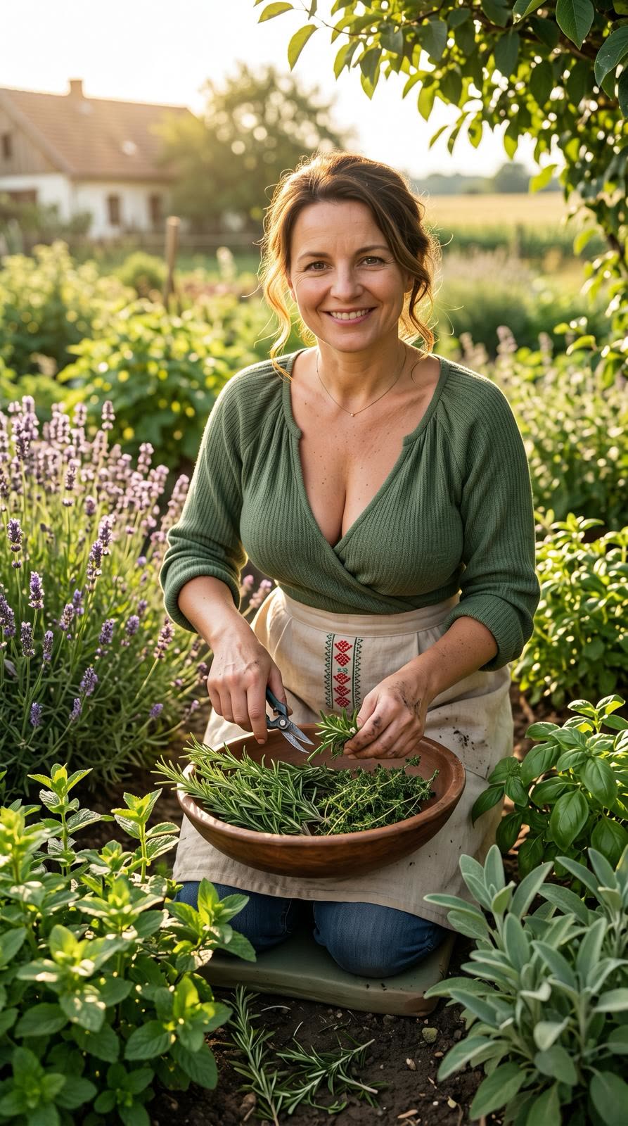 Cristina cortando hierbas frescas en el huerto